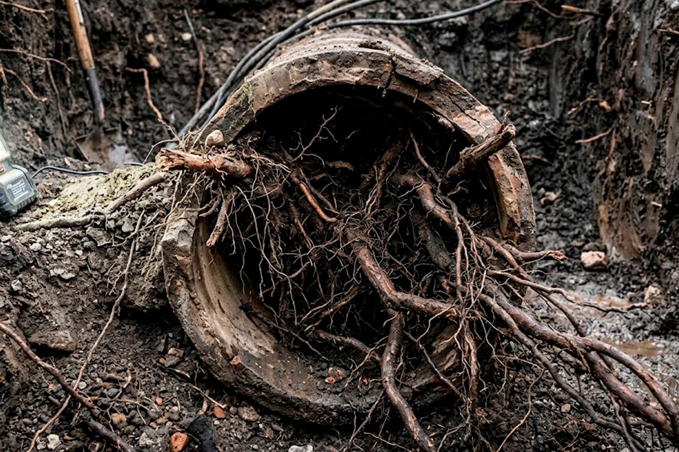 raíces de árboles en las tuberías